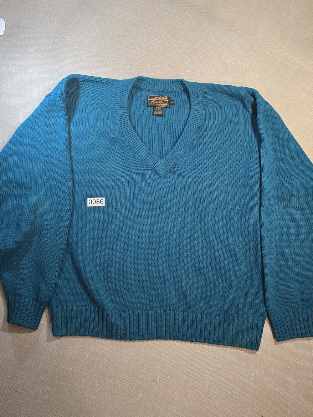 VTG Eddie Bauer V-Neck Knit Sweater Large Black Tag Teal Blue 100% Cotton 90s